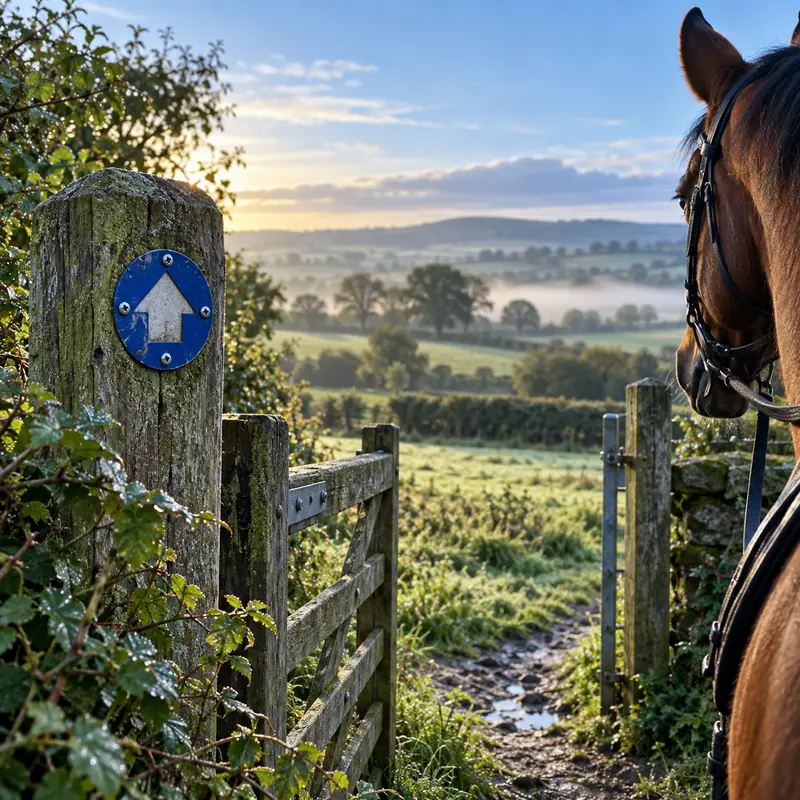 A weathered wooden post with a blue bridleway arrow beside an open field gate, a horse's head in the foreground and misty farmland beyond.